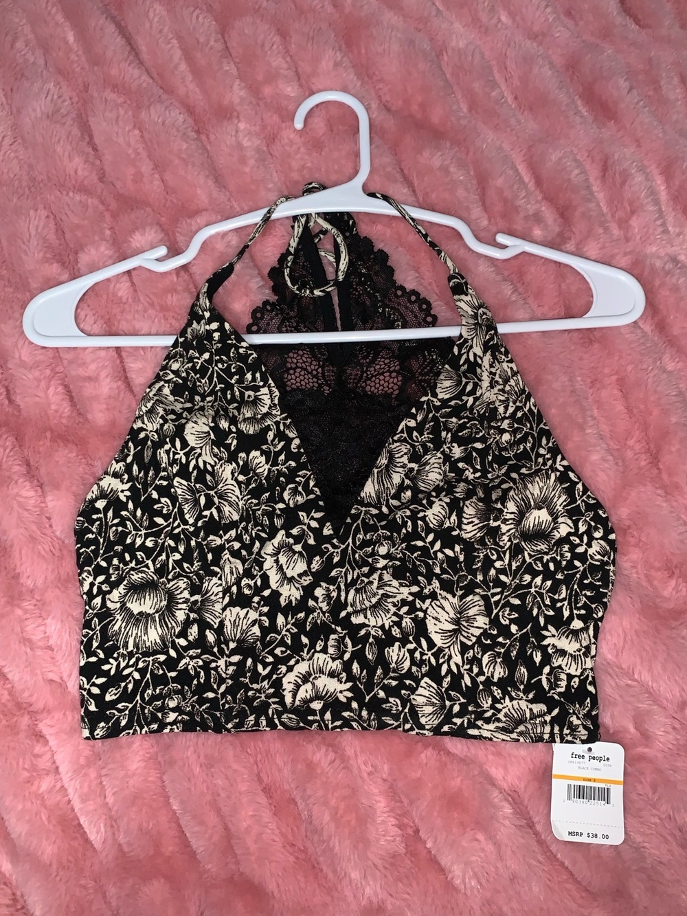 Free People Black and Cream Floral Lace Halter Bralette